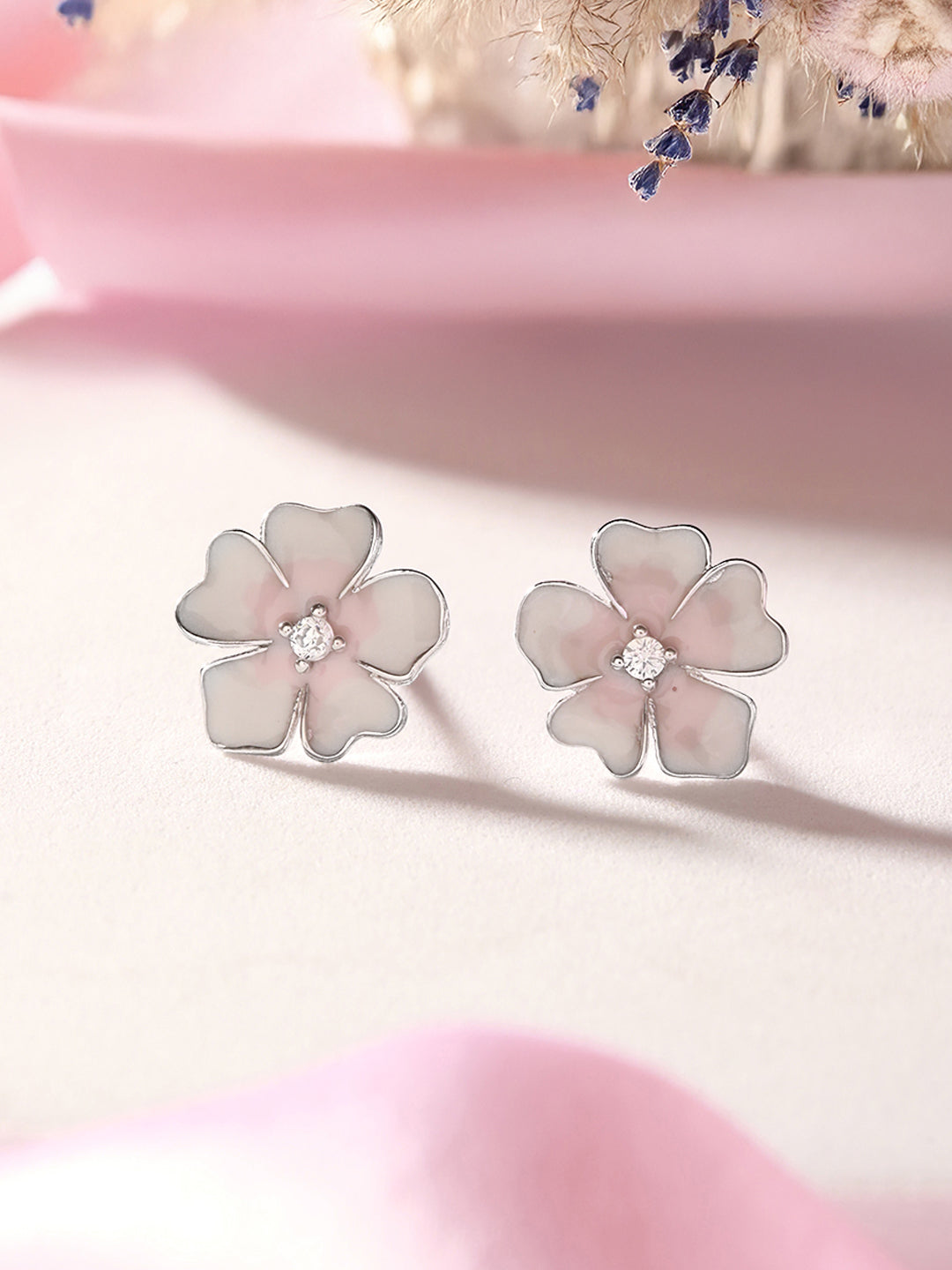 925 Sterling Silver Enamelled Bloom  Flower Shaped Studds Earrings